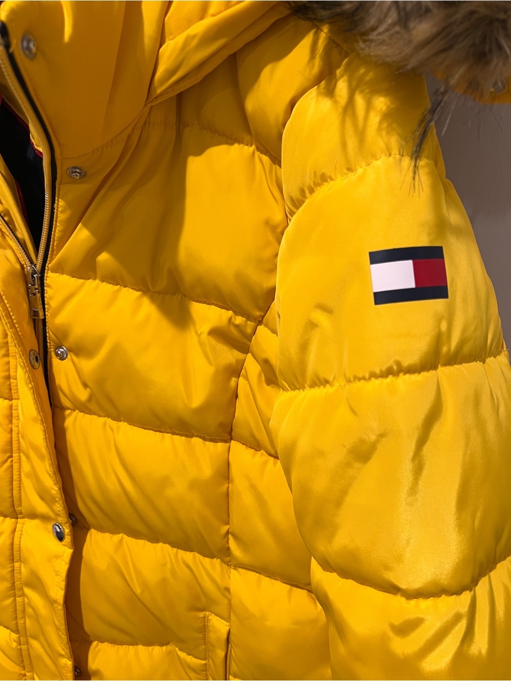 Tommy Hilfiger Yellow Midi Puffer Winter Jacket Faux Fur Hood - Picture 4 of 9